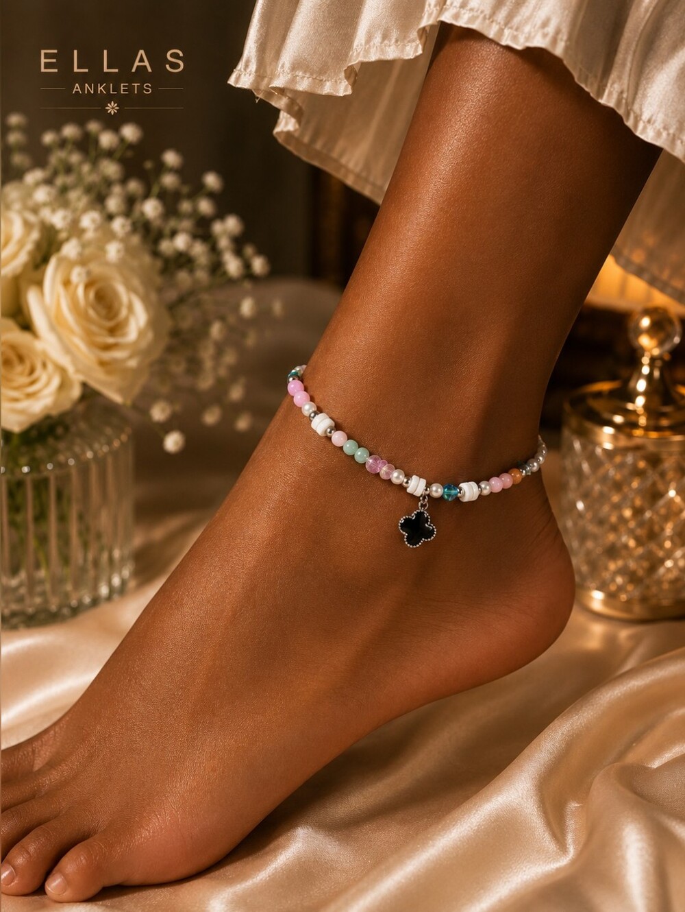 Pastel Beaded Anklet with Black Clover Charm | Boho Summer Beach Jewelry